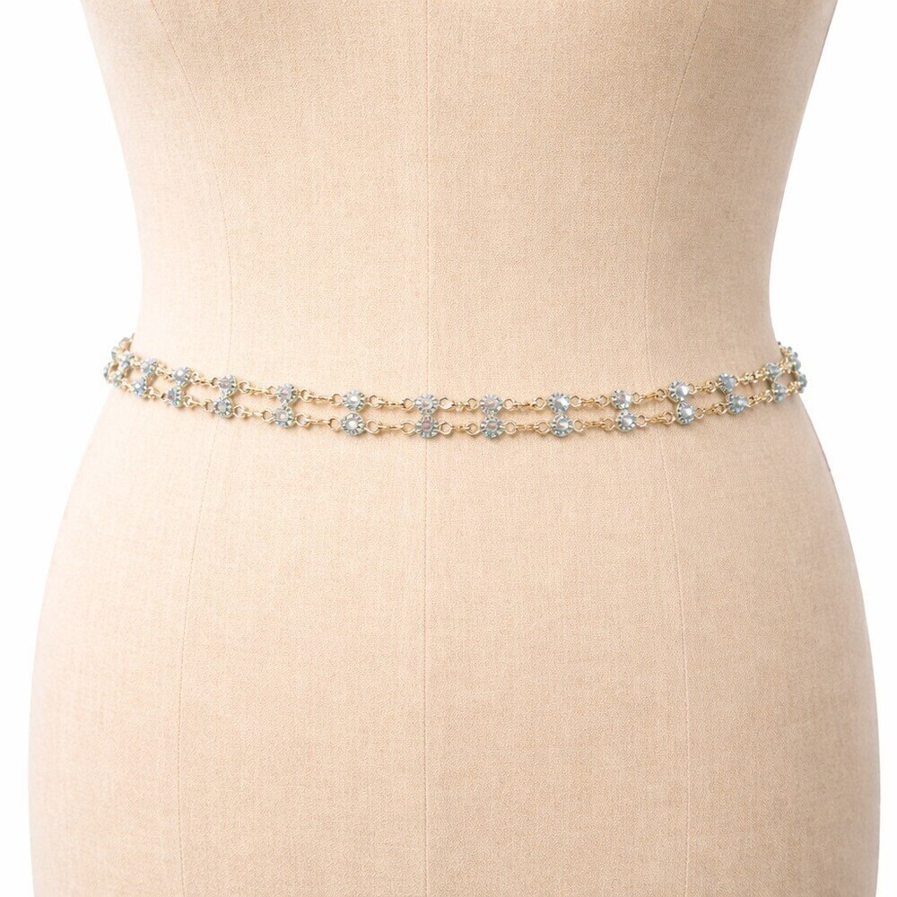 Vintage 90's Crystal Rhinestone Double Row Chain Waist Belt Gold Tone Adjustable